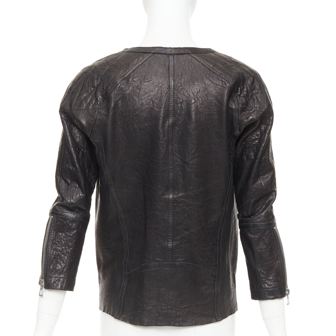 ISABEL MARANT black crinkled leather biker zip pullover jacket FR1 S