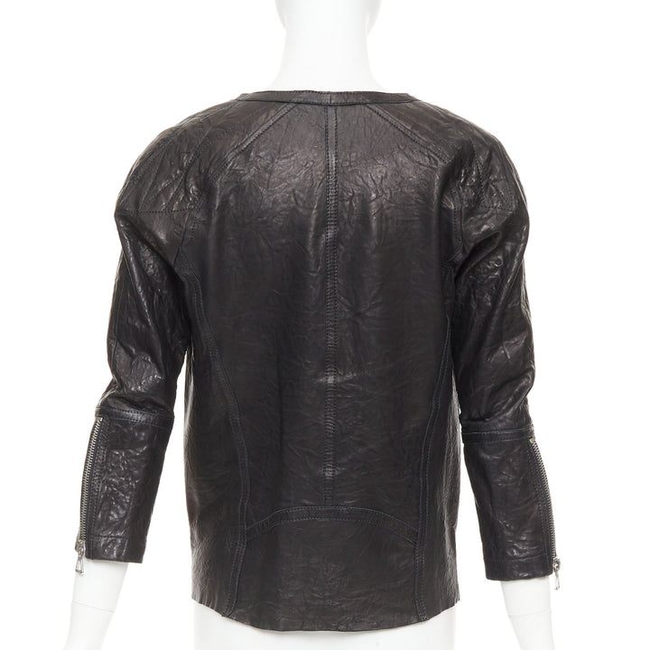 ISABEL MARANT black crinkled leather biker zip pullover jacket FR1 S