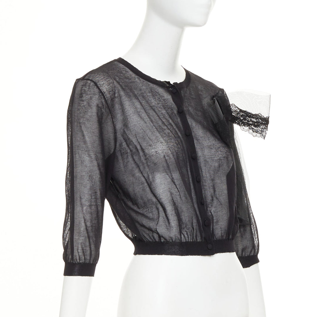 VALENTINO black cotton blend sheer knit oversized lace bow crop cardigan M