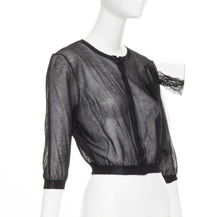 VALENTINO black cotton blend sheer knit oversized lace bow crop cardigan M