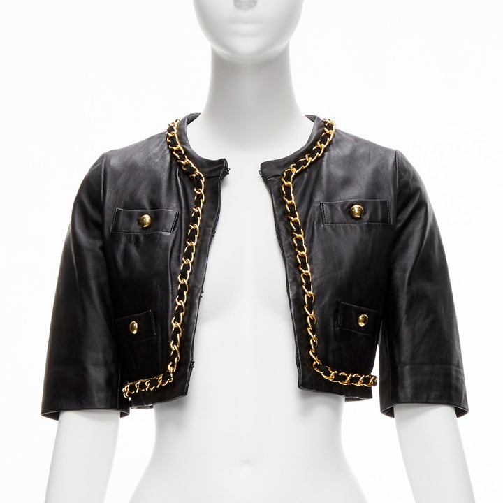 rare MOSCHINO Cheap Chic gold chain black quilted leather cropped jacket IT38 XS
