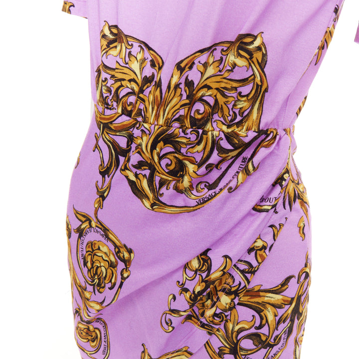 VERSACE JEANS COUTURE 2022 lilac gold baroque padded shoulder wrap dress IT36