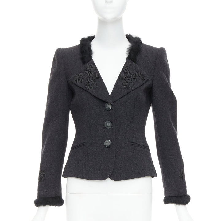 EMPORIO ARMANI grey virgin wool fur trim totem applique crop blazer IT42 M