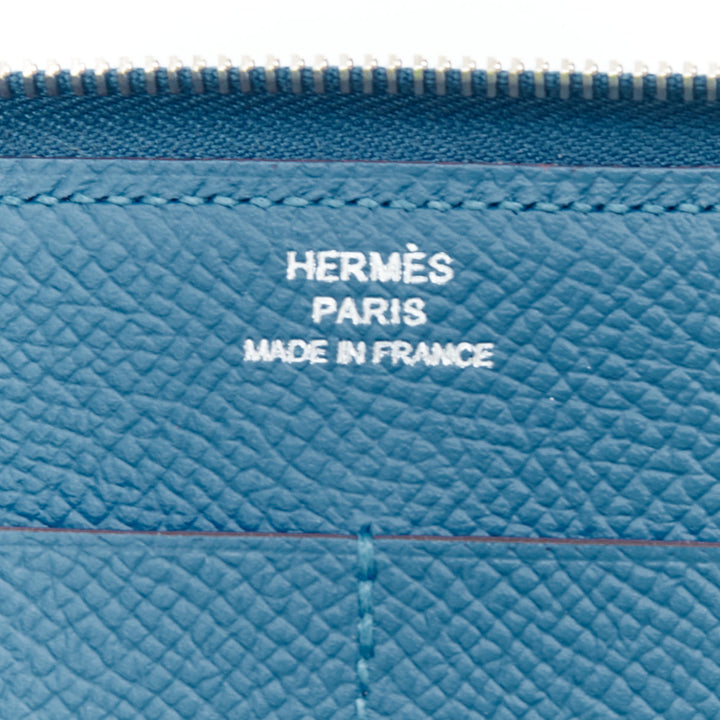 HERMES Soie Cool Azap red geometric print silk blue leather zip around wallet