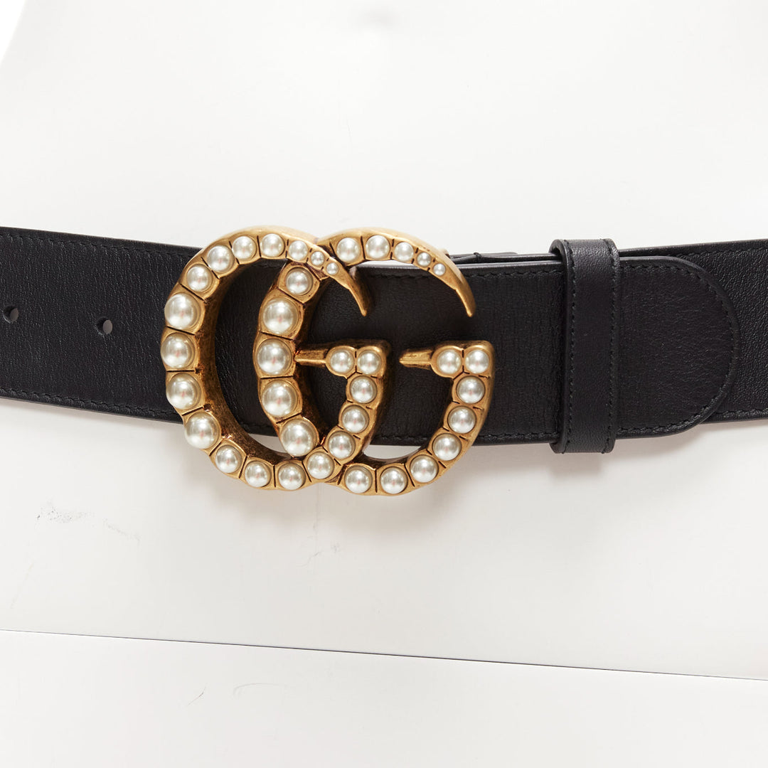 GUCCI Alessandro Michelel Double G gold pearl black leather belt 75cm