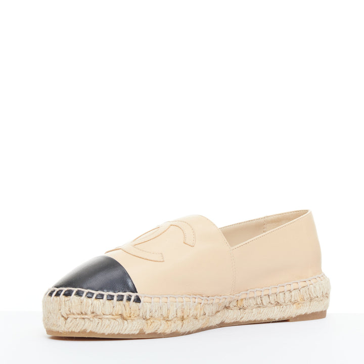 CHANEL nude lamb leather CC logo black toe cap beige espadrille shoes EU38