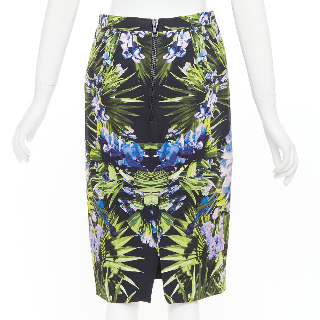 GIVENCHY 2012 symmetric purple green orchid viscose pencil skirt FR38 M