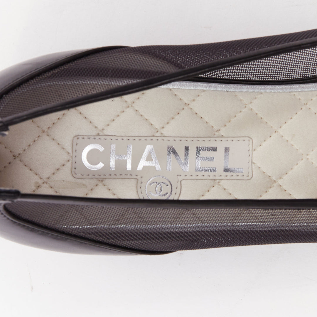CHANEL 2009 G26433 black sheer mesh leather camellia CC ballerina flats EU37.5