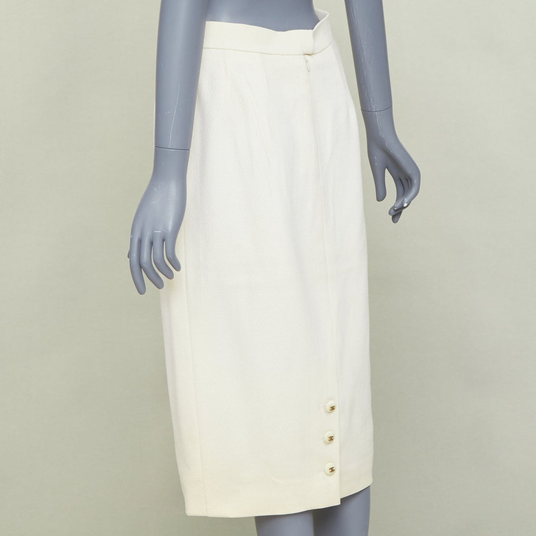 CHANEL 93P ivory wool gold CC logo button slit silk pencil skirt FR42 XL