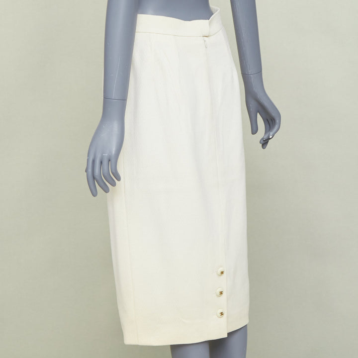 CHANEL 93P ivory wool gold CC logo button slit silk pencil skirt FR42 XL