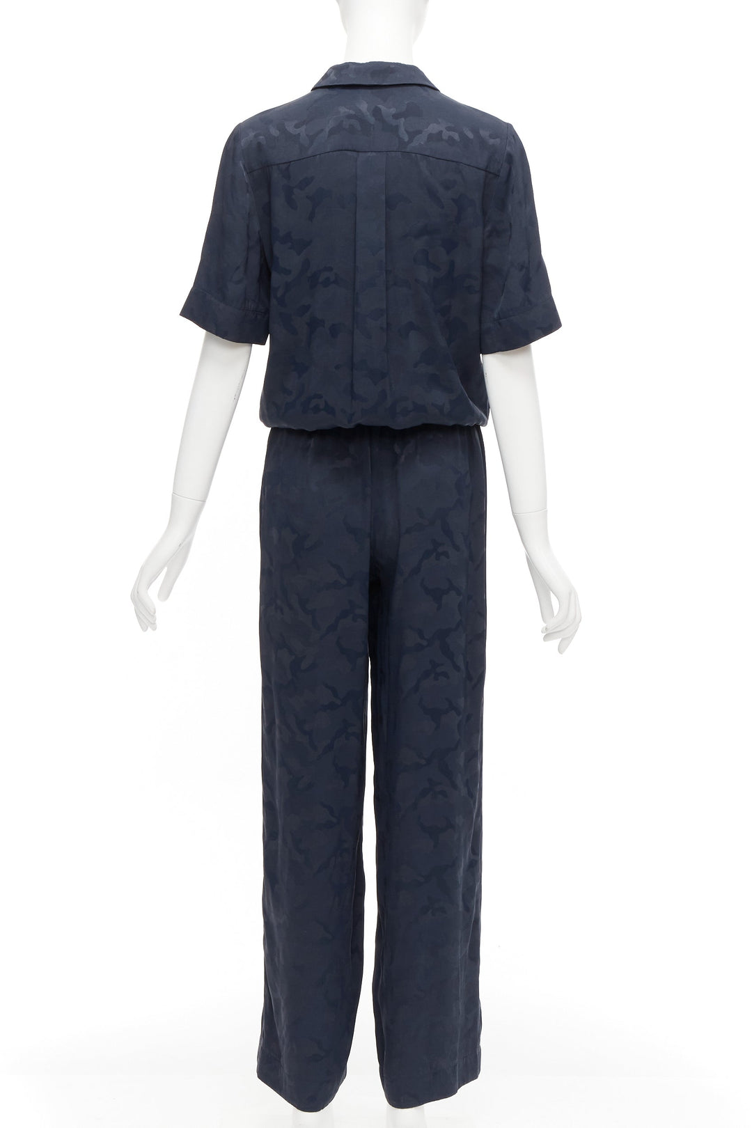 CEFINN Spencer navy camouflage jacquard satin cropped wide jumpsuit UK6 XS