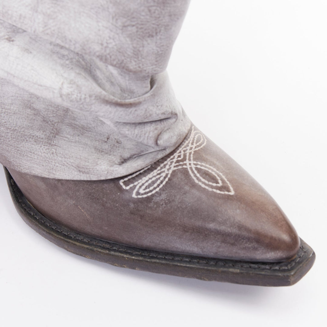 R13 Distressed Low Rider Cowboy grey washed leather slouchy mid calf boots EU38