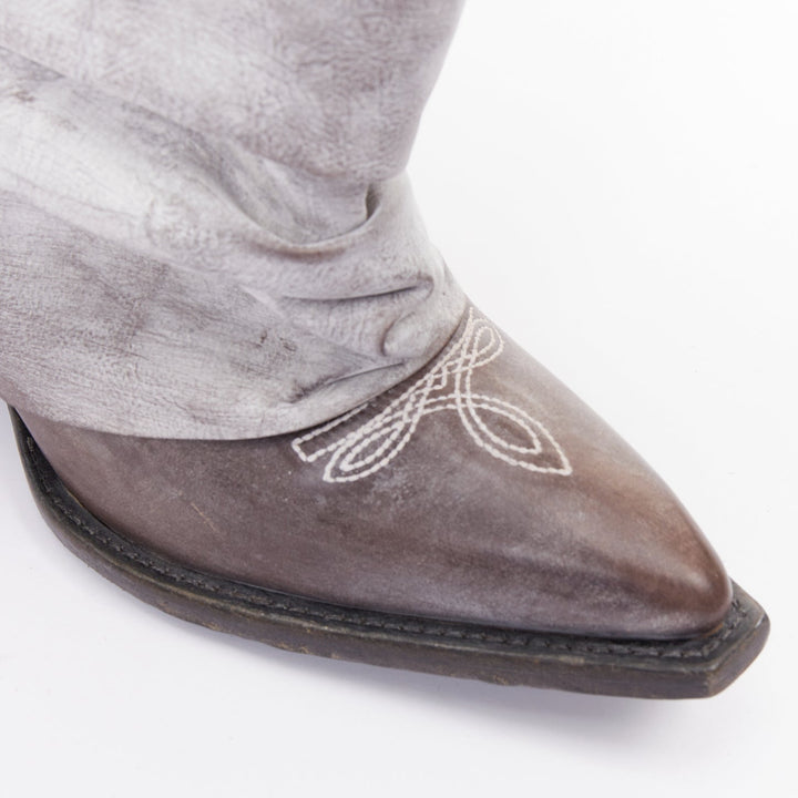R13 Distressed Low Rider Cowboy grey washed leather slouchy mid calf boots EU38