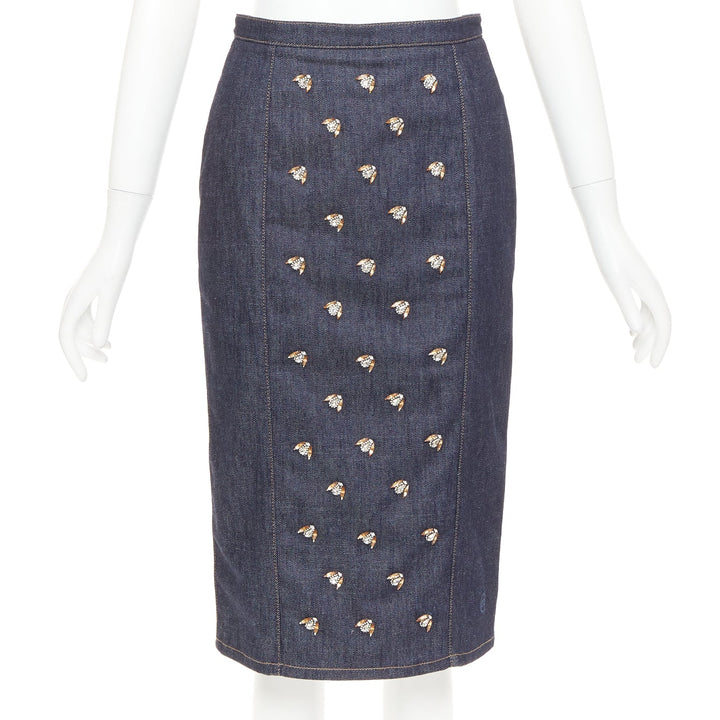 CHRISTIAN DIOR indigo blue denim glass metal bead embellished midi skirt FR36 S