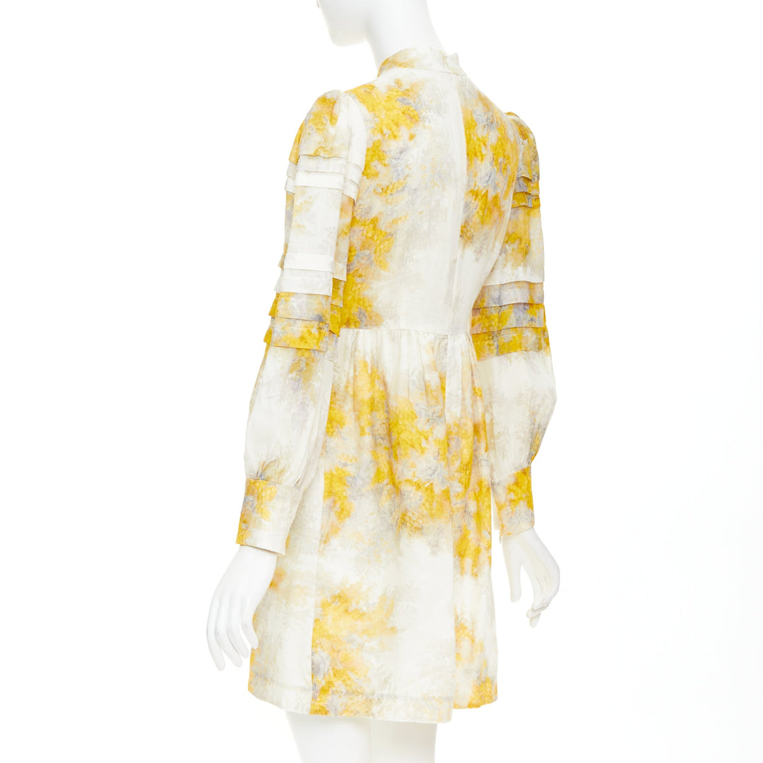 ZIMMERMANN 2021 Botanica yellow grey linen Wattle floral puff sleeve dress Sz1 S