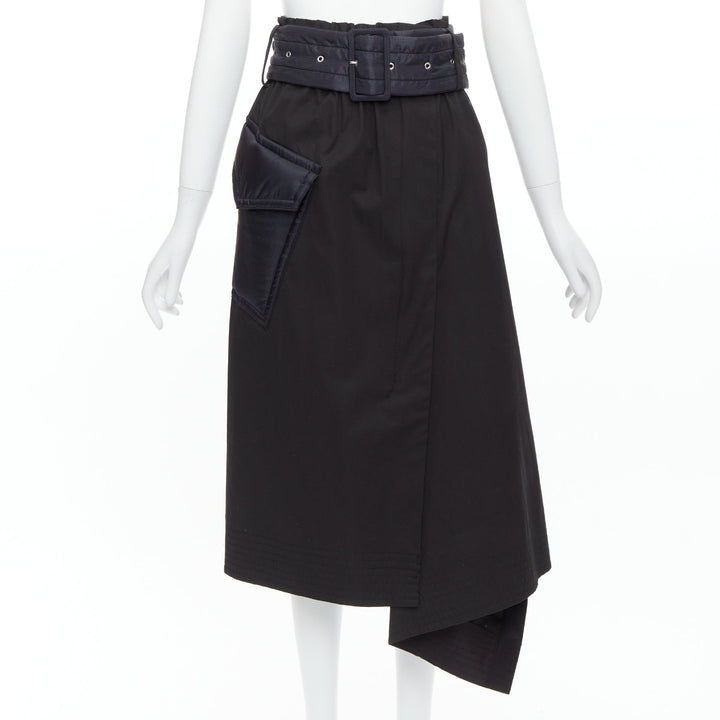 SACAI 2019 black cotton nylon padded pocket asymmetric belted skirt JP1 S