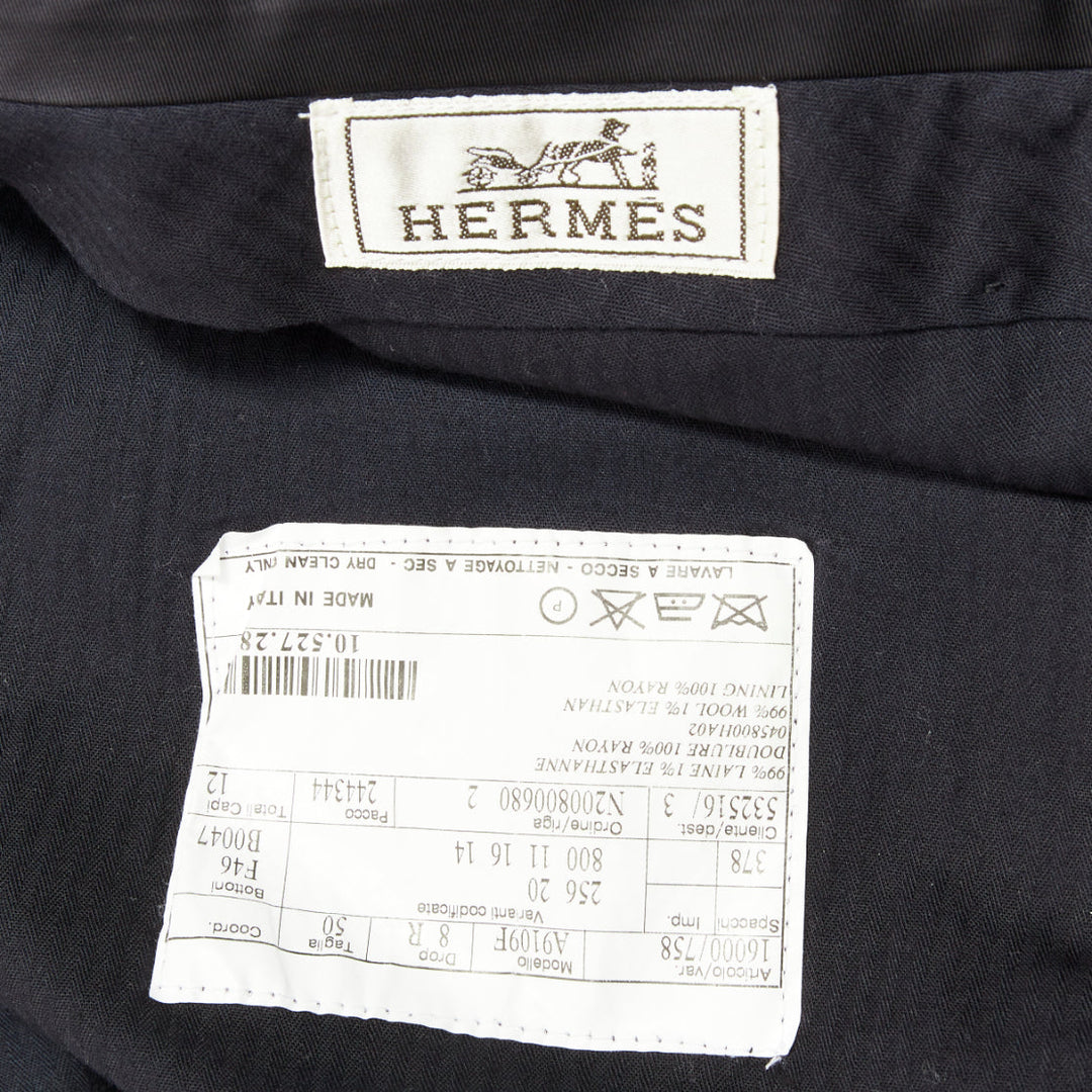 HERMES black wool blend satin trim side handstitched mid waist trousers IT50 XL