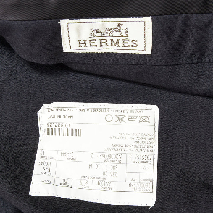 HERMES black wool blend satin trim side handstitched mid waist trousers IT50 XL