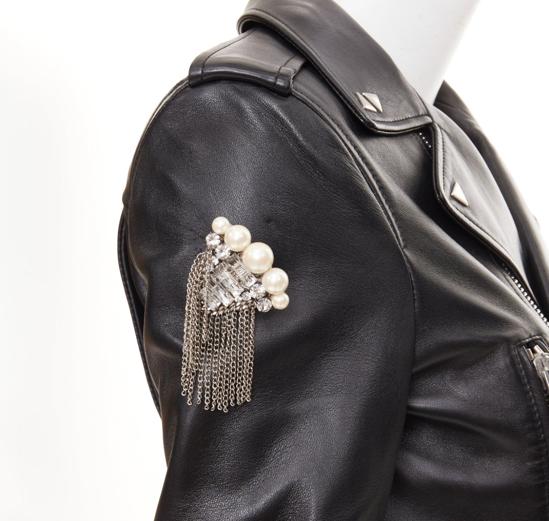 SAINT LAURENT 2017 Pearl Heart embellished black lambskin biker jacket S