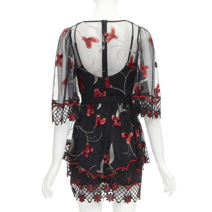 ALICE MCCALL Wish you Were Here black red guipere lace floral tulle dress US2 XS