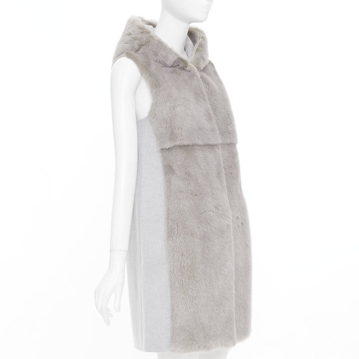 RIVER SKIN grey wool blend real fur panelled hooded long line gilet vest S