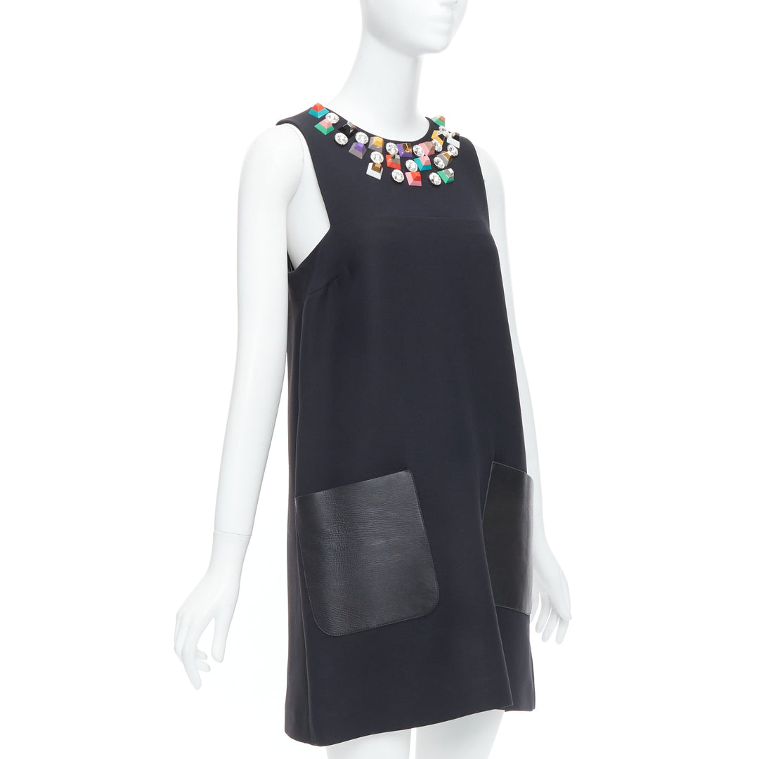 FENDI black multicolour studded rhinestone neckline leather pocket dress IT42 M