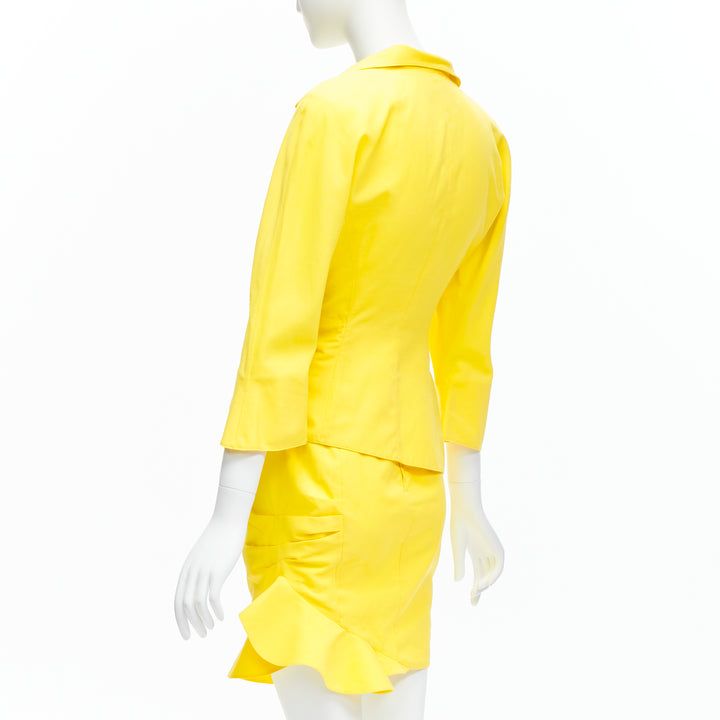 THIERRY MUGLER Vintage yellow wrap front vampire collar ruffle skirt suit IT7AR