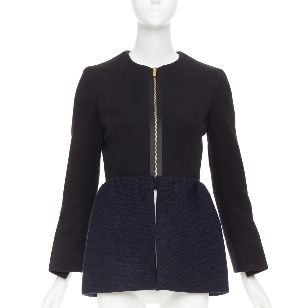 THE ROW Loxton black navy structured wool textured peplum gold zip coat US0 XS
