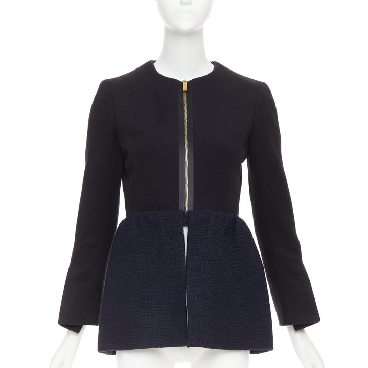THE ROW Loxton black navy structured wool textured peplum gold zip coat US0 XS