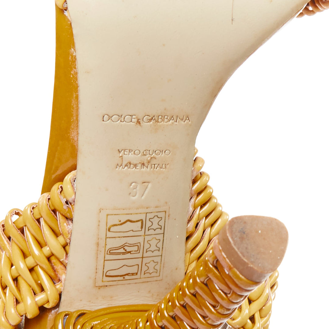 DOLCE GABBANA brown patent leather wicker weave high heel sandal heels EU37