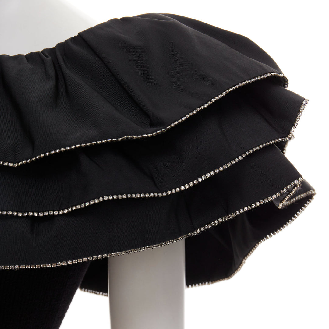 ALEXANDRE VAUTHIER 2024 black ribbed velour knit crystal trim ruffle mini dress