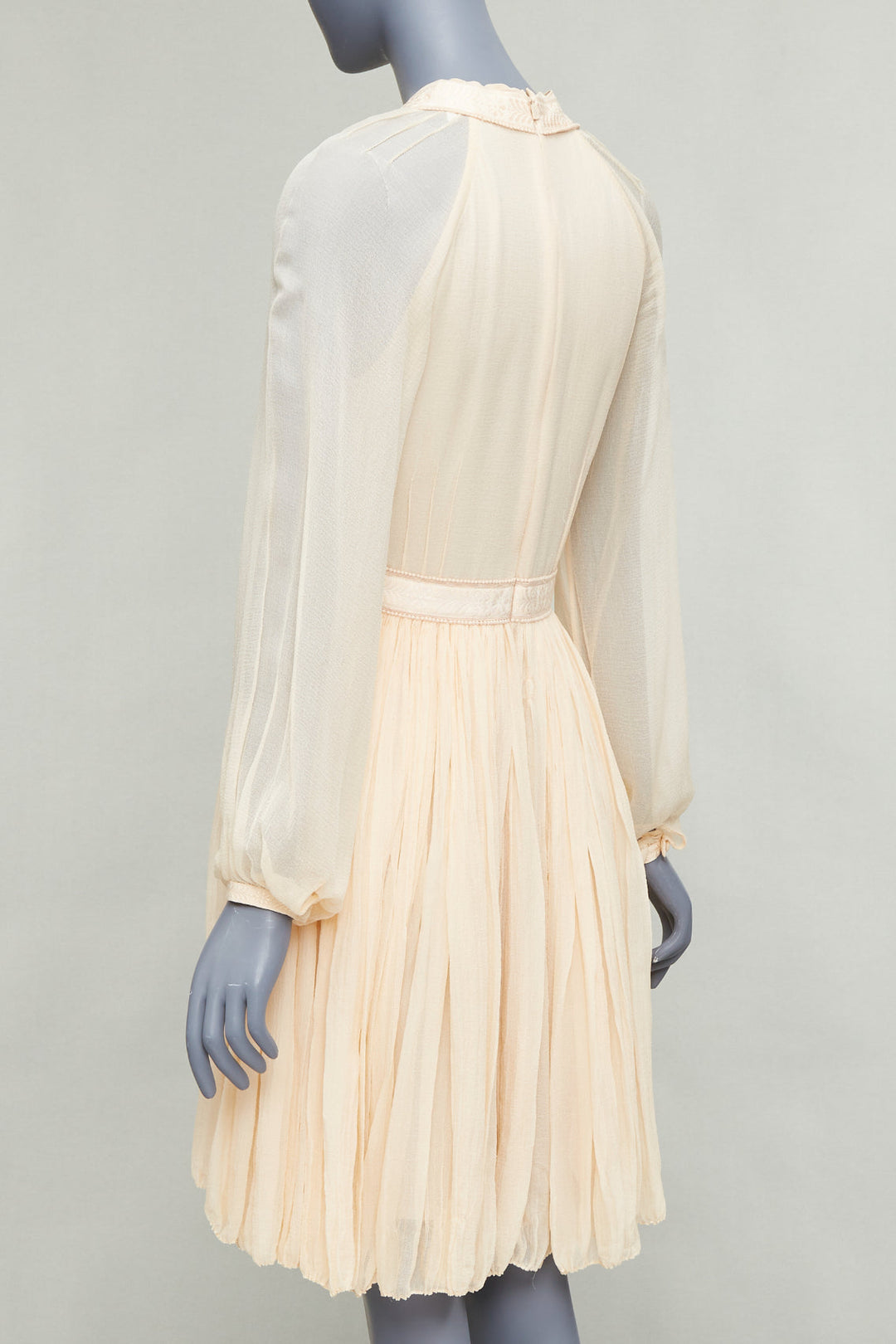 CHLOE 100% pinky beige silk chiffon plunge pleated knee boho dress FR34 XS
