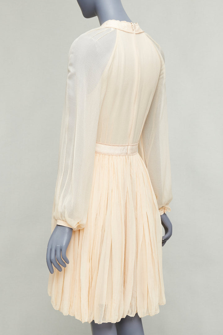 CHLOE 100% pinky beige silk chiffon plunge pleated knee boho dress FR34 XS