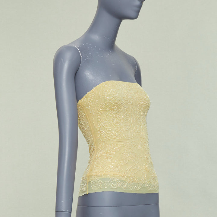 VERA WANG Vintage butter yellow clear bead embellished bandeau tube top US4 S