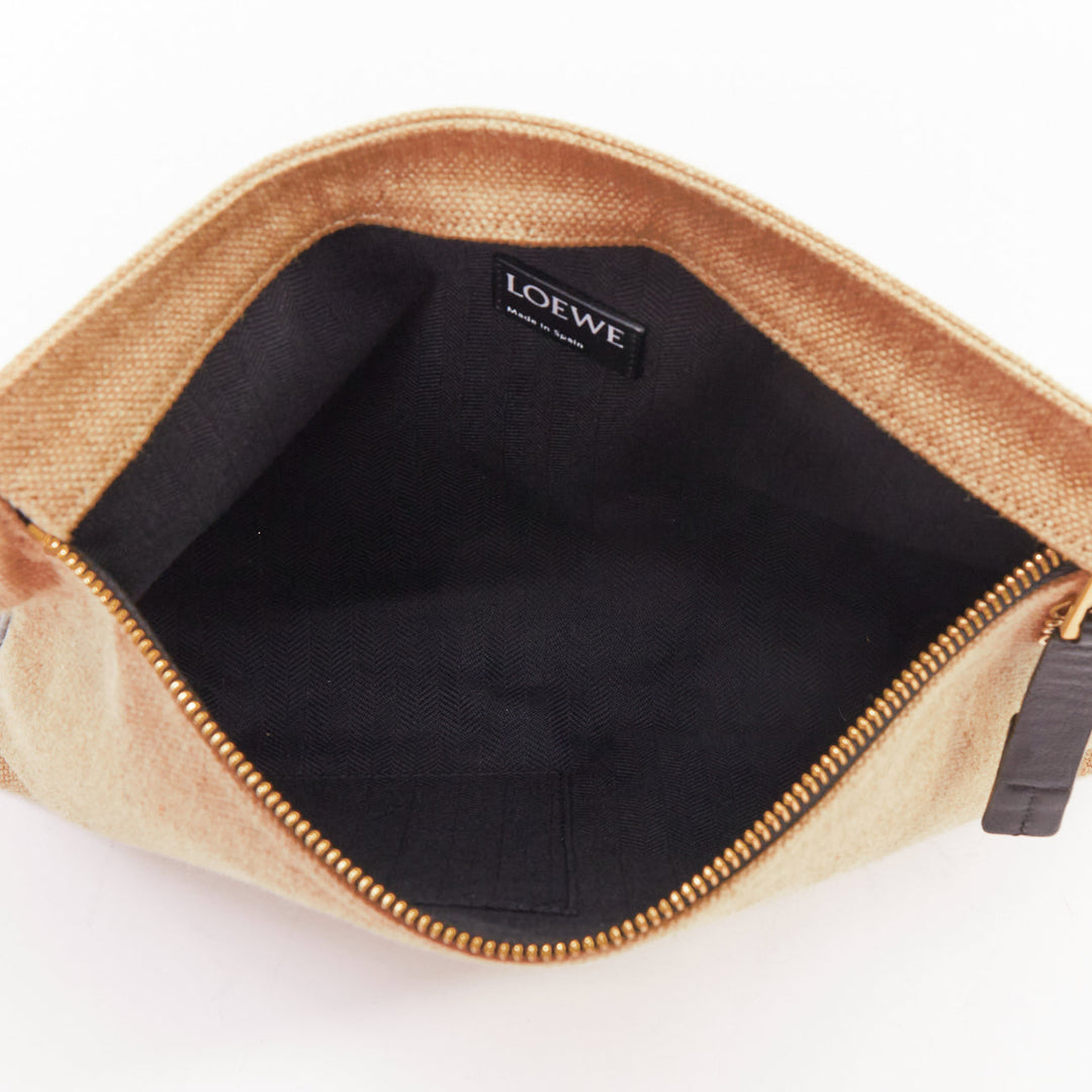 LOEWE T Pouch beige linen canvas gold anagram dark zip slot clutch bag