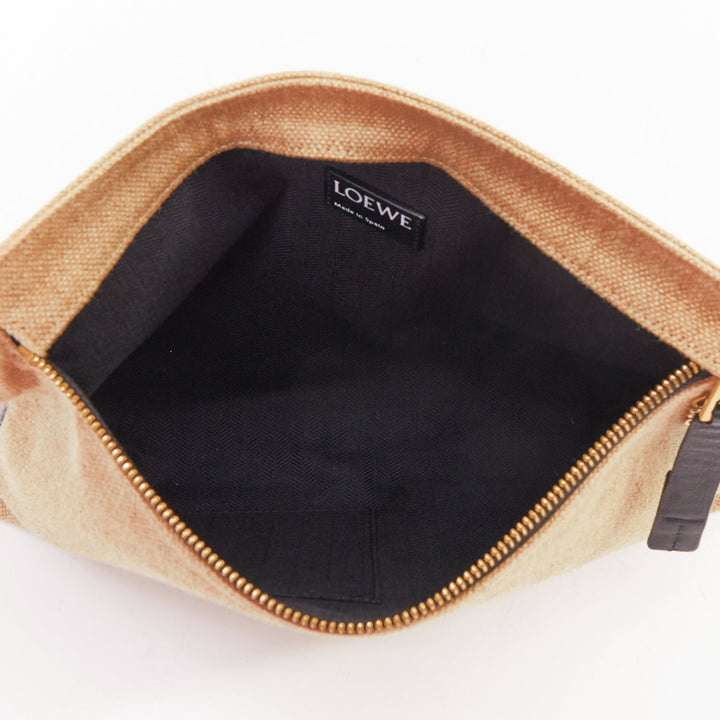 LOEWE T Pouch beige linen canvas gold anagram dark zip slot clutch bag