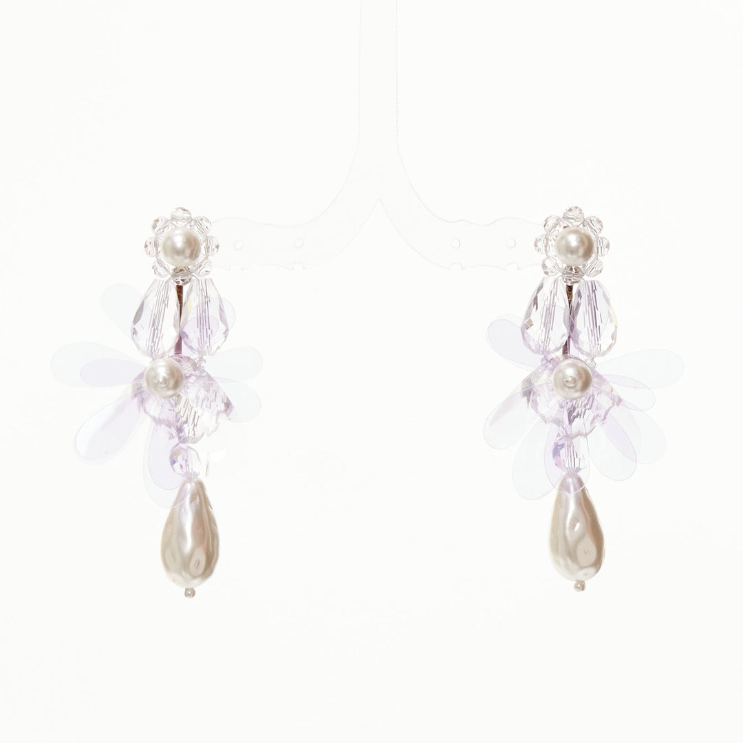 SIMONE ROCHA lilac purple plastic flower drop faux pearl pin earrings