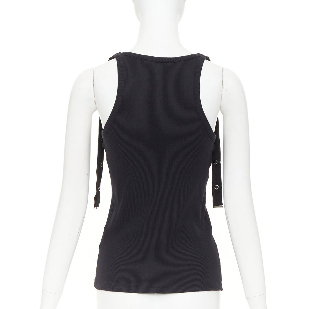 THE ATTICO 2024 black silver metal snap button logo ribbed tank top IT40 S