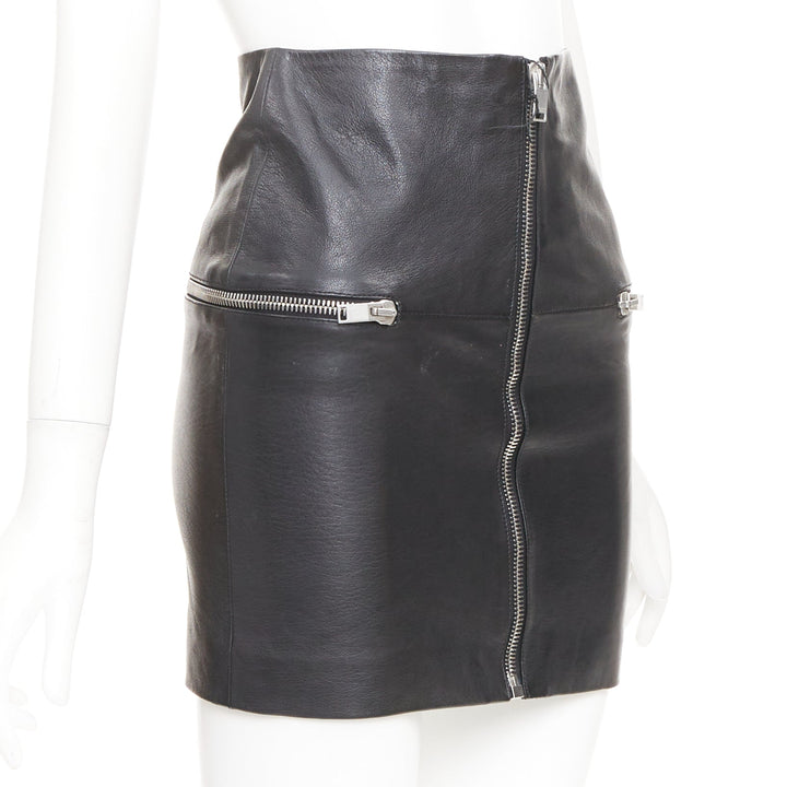 SAINT LAURENT 2014 lambskin leather exposed silver zip high waist skirt FR 34 XS