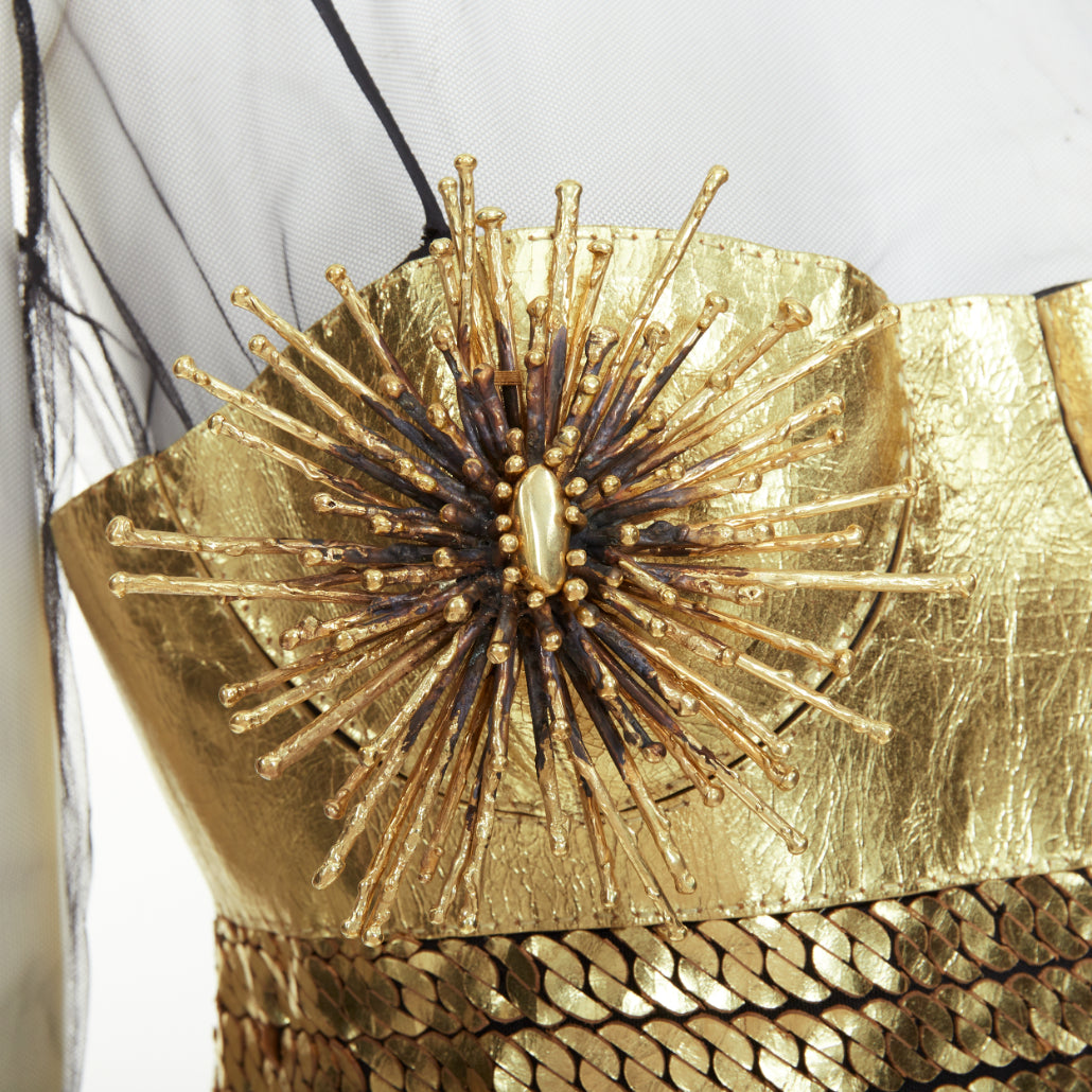 rare TOM FORD 2015 Runway Lisa Eisner spike nipple brooch leather dress IT42 M