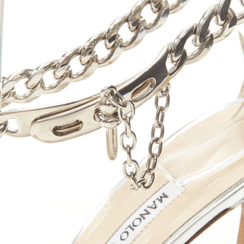 MANOLO BLAHNIK silver chunky chain lock ankle strap high heel sandal EU37 US7