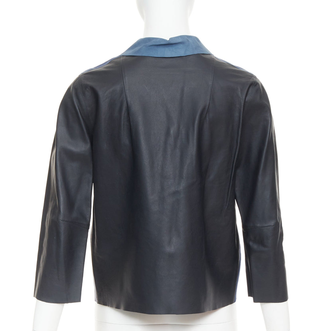 MARNI blue black colorblocked calf leather geometric buttons crop jacket IT40 S