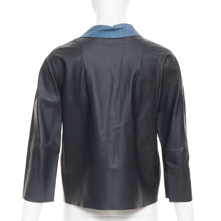 MARNI blue black colorblocked calf leather geometric buttons crop jacket IT40 S