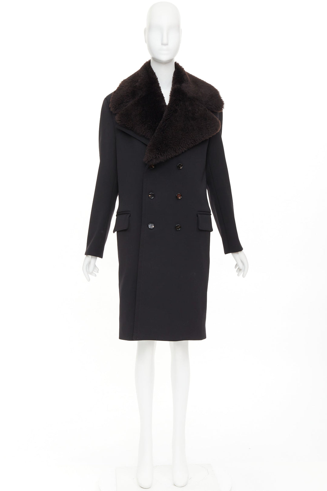 BOTTEGA VENETA Daniel Lee black wool brown lamb shearling collar  coat IT44 L