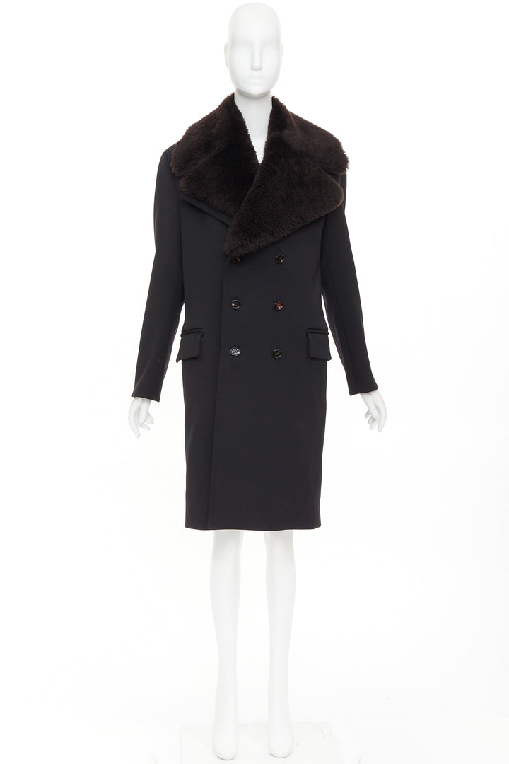 BOTTEGA VENETA Daniel Lee black wool brown lamb shearling collar  coat IT44 L