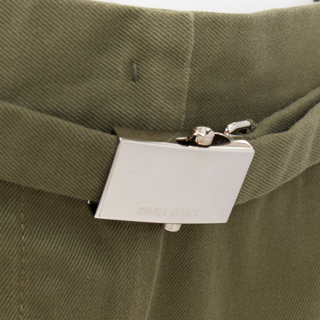 MIU MIU 2019 green cotton gabardine silver logo buckle utility skirt IT38 XS