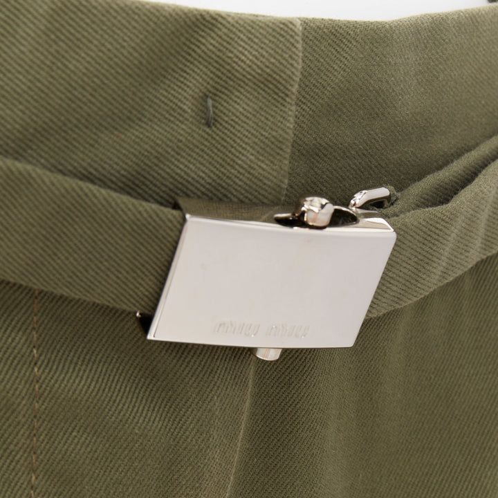 MIU MIU 2019 green cotton gabardine silver logo buckle utility skirt IT38 XS