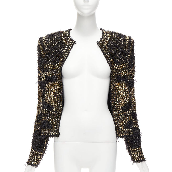 BALMAIN  2022gold black boucle tweed gold studded power shoulder jacket FR34 XS