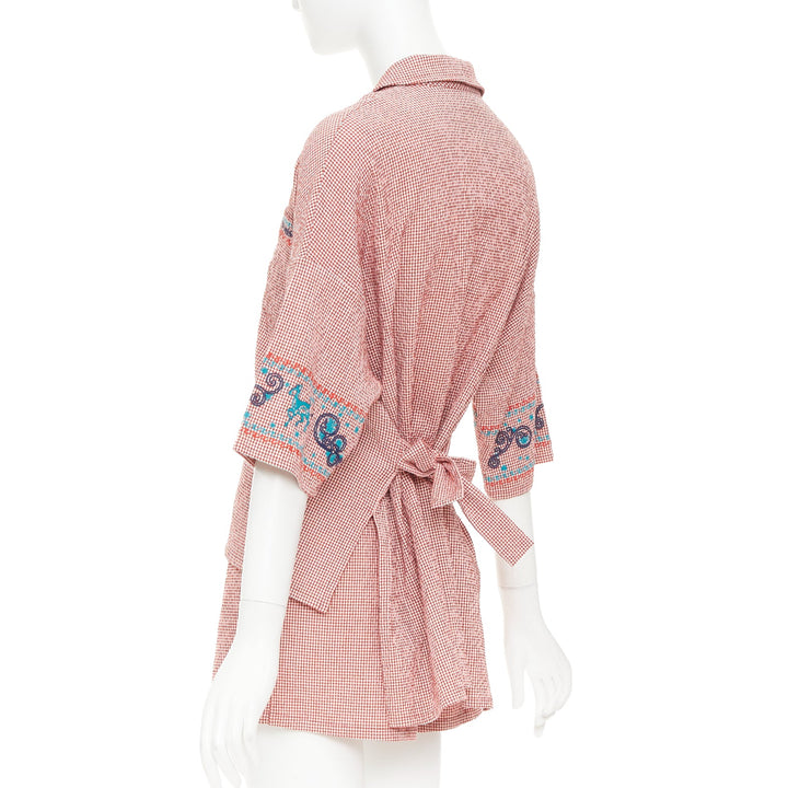 HERMES Sur La Pouce red gingham embroidered pajama shirt shorts set FR34 XS