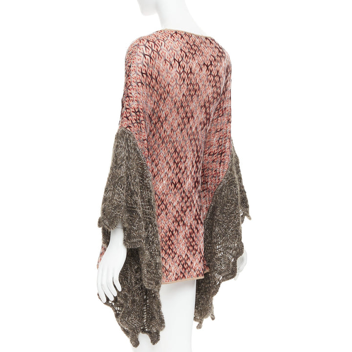 MISSONI red brown wool blend signature chevron contrast knit poncho sweater